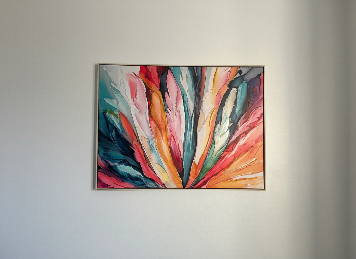 Éclosion chromatique — Zina, 2026, acrylique fluide et pigments irisés sur toile, 146 × 97 cm