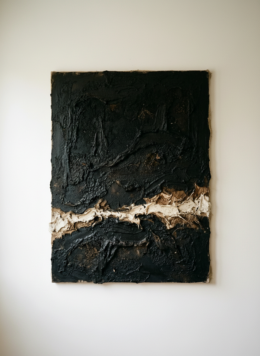 Noir tellurique — Zina, 2026, technique mixte, pigments et sable sur toile de lin, 100 x 120 cm.