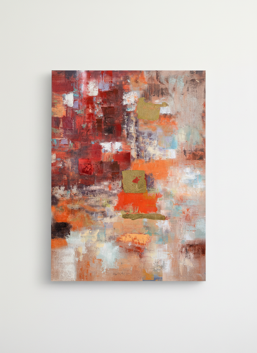Terres brûlées d'or — Zina, 2026, technique mixte et feuille d'or sur toile, 89 × 116 cm.