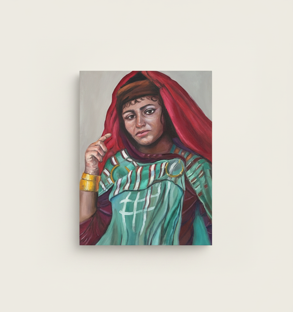Trace de carmin — Zina, 2026, huile sur toile de lin, 81 × 100 cm